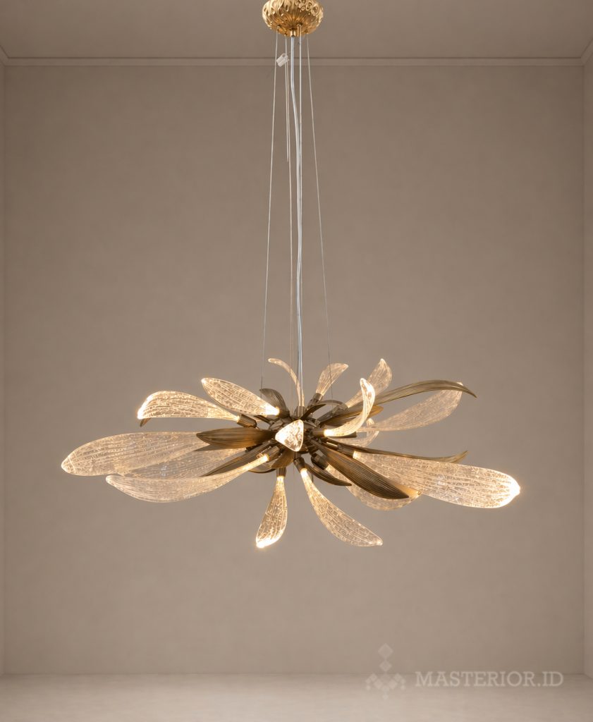 Brass branch chandelier with frosted glass wing details. Contemporary leaf-inspired chandelier with illuminated glass petals and brushed brass finish.
