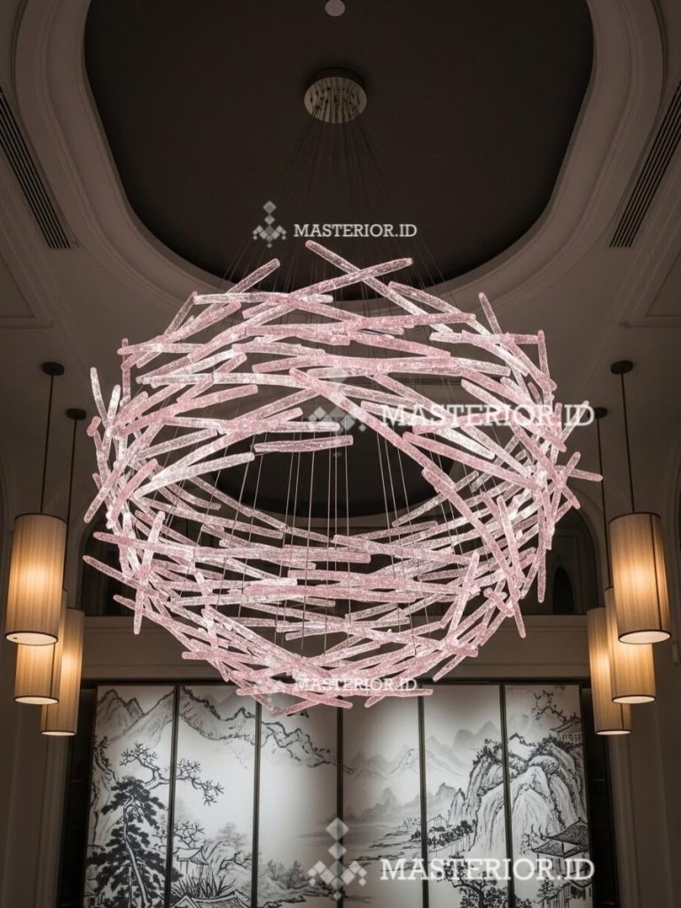 Modern sculptural chandelier featuring intertwined illuminated glass rods in an artistic circular form.